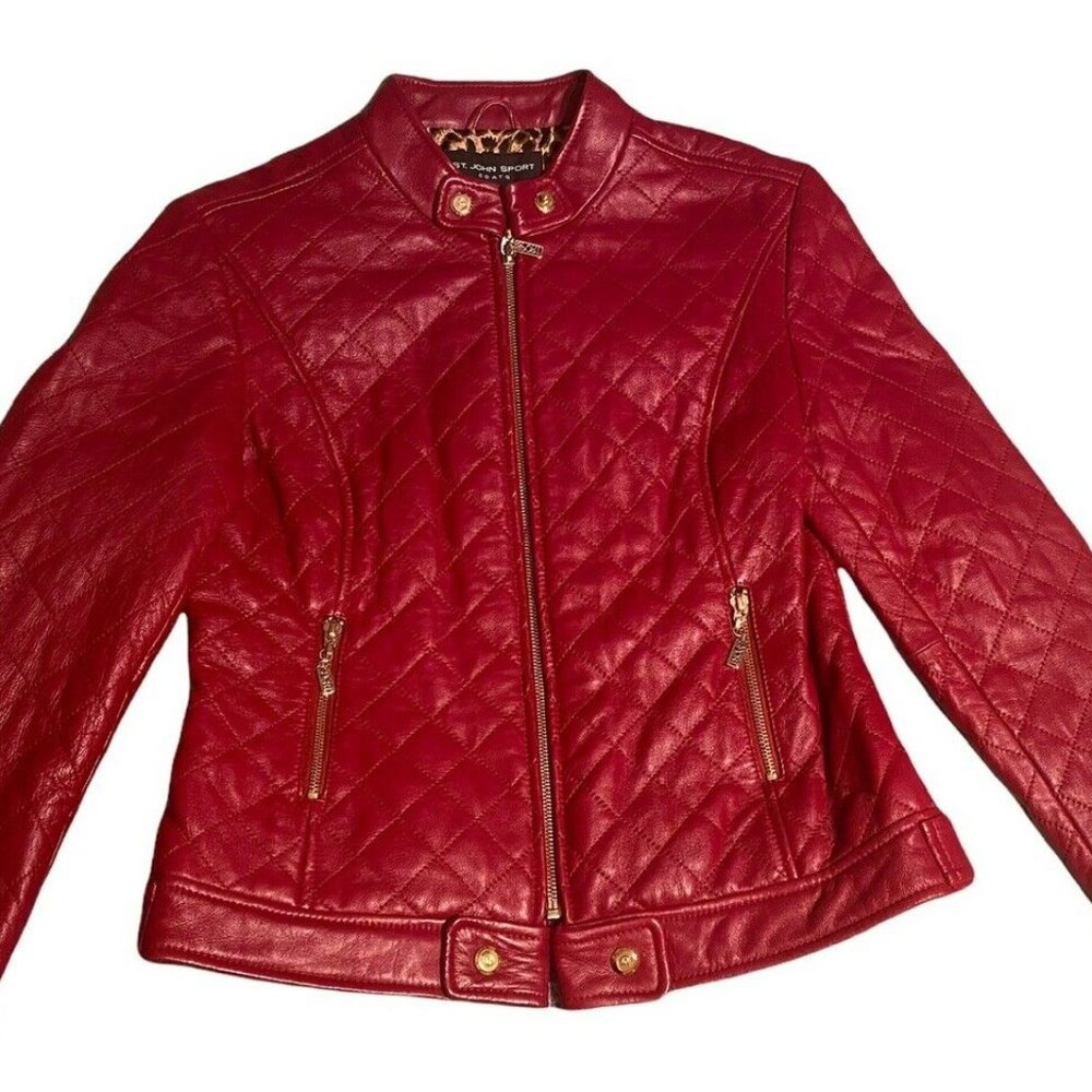 ST JOHN Sport Classic Quilted Red Zip Bomber Jacket Leopard Print Lining Size: S